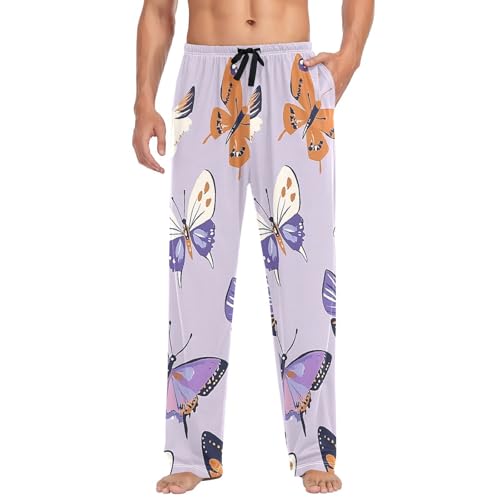 Purple Butterfly Men's Pajama Bottoms Plaid Pajamas Pants for Men Soft Long Lounge Woven Pj Sleep Pant with Pockets