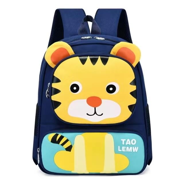 Mochila Pré-Escolar Unissex em Oxford Nylon com Desenhos Animados Variados, Leve e Resistente para Crianças Pequenas(Tigrinho Azul Marinho)