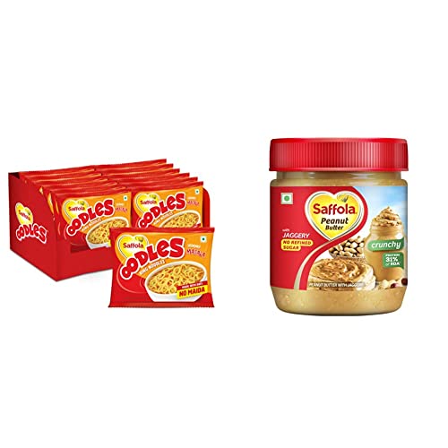 Image of Saffola Oodles, Instant Noodles, Ring Shape, Yummy Masala Flavour, No Maida, Whole Grain Oats, 12 x 53g & Saffola Peanut Butter with jaggery, No Refined Sugar, Crunchy, 23.4g Protein, 350g Jar