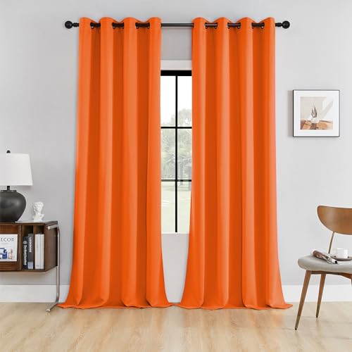 HUTO Blackout Curtains and Drapes for Bedroom - Extra Long Room Darkening Thermal Insulated Solid Window Antique Copper Grommet Draperies for Living Room (Vibrant Orange, 1 Pair, 52 x 96-Inch)