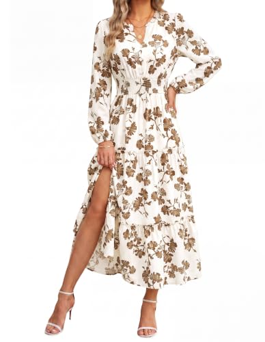 Image of GRACE KARIN Women's Floral Maxi Dress 2026 Fall Long Sleeve V Neck Empire Waist A Line Flowy Dress with Pocket