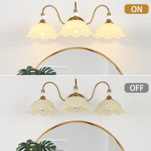 Image of Vintage Bathroom Vanity Light, 3-Light Matte Brass Finish Vanity Light with Floral Yellow Glass Shades, Retro Wall Sconce for Bathroom, Dressing Table