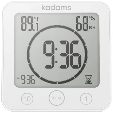 KADAMS Shower Timer Waterproof Bathroom Timer, Wall Clock with Alarm, Digital Kitchen Timer, Waterproof for Water Spray, Temperature Humidity, Suction Cup, Hanging, Magnetic, Stand - White Cover