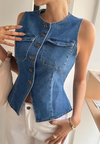 Tankaneo Womens Going Out Denim Vest Tops Trendy Cropped Sleeveless Button Down Fitted Jean Tank Tops Y2K Waistcoat2