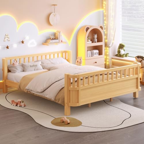 Bellemave Kids Queen Bed Frame with Safety Guardrails and Detachable Fence, Solid Wood Queen Size Platform Bed for Kids Girls Boys, Natural