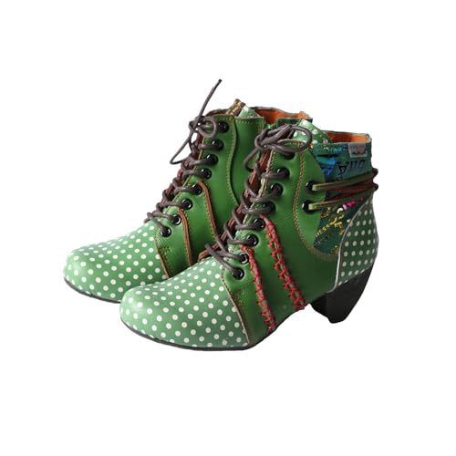 TMA EYES Women's Polka Dot Pattern Lace Up Ankle Boots With Thick Heels3