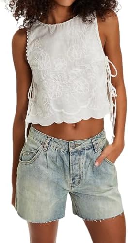 Keliholiyu Tie Side Tank Tops for Women Y2K Sleeveless Square Neck Embroidery Floral Free Lace Up Cropped Vest People Dupes Embroidered Crop Tank Summer Going Out Cami Shirt White