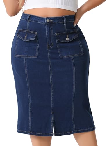 Agnes Orinda Plus Size Denim Skirt for Women Basic High Waist Ripped Hem Pockets Jeans Skirts