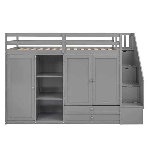 VilroCaz Functional Loft Bed Twin Size with 2 Drawers and 2 Wardrobes, Solid Wood Loft Bed Frame with Safety Guardrail and Storage Staircase for Kids Teens Adults, Sturdy Slat Support (Gray-Fun)
