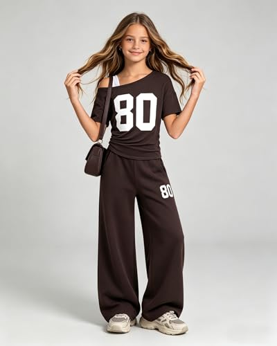 Image of Teen Girls Clothes Off the Shoulder Top and Wide Leg Pants Matching Outfit Set with Pockets Size 7-16
