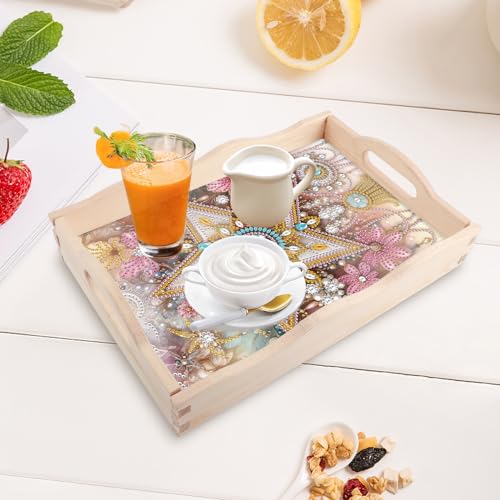 Image of DIY Diamond Art Tray with Handle Diamond Art Painting Plate Creative Design Handmade Wooden Tray Mosaic Making Kits by Number Kits Diamond Art for Coffee Living Room Home Organizer (Five-Pointed Star)