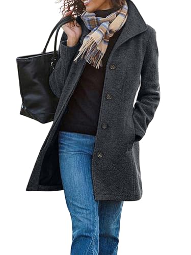 CHARTOU Women's Casual Thicken Wool Blend Stand Collar Single Breasted Pea Coat (Medium, Grey)