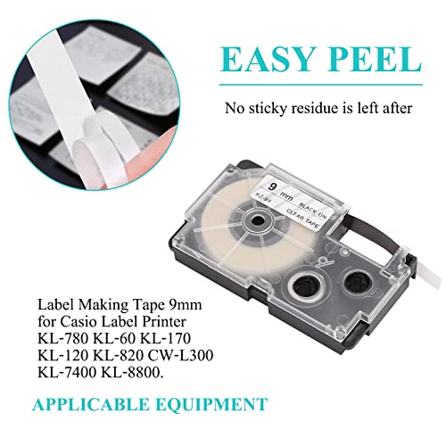 Replace Label Tape, 9Mm Label Tape Replacement, Labeling Tape For Casio Label Maker Printer Kl-60/120/170/780/820 Cw-L300(Black On Clear) #TOP2