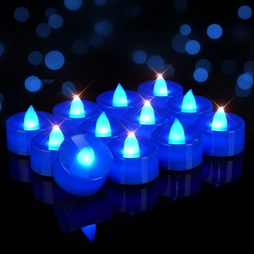 Image of Homemory Blue Tea Lights Candles Battery Operated, Flickering Flameless LED Votive Candles, Pure White Tealights for Wedding, Party, Ocean Dinner, Winter Wonderland, Hanukkah Decor, 24-Pack