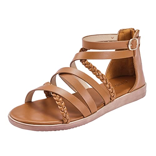 YEOJOU Gladiator Sandals for Women Strappy Leather Flat Sandals Open Toe Ankle Strap Back Zipper Comfortable Dressy Summer Shoes