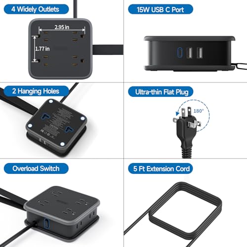 NTONPOWER Regleta 2 Prong, Adaptador de 2 a 3 Prong, Cable de Extensión 5 ft, 1875W/15A, Enchufe Giratorio 180°, 8 Tomas, 3 USB (1 USB C), Montaje en Pared para Casa Antigua, Dormitorio, Oficina Negro miniatura 6