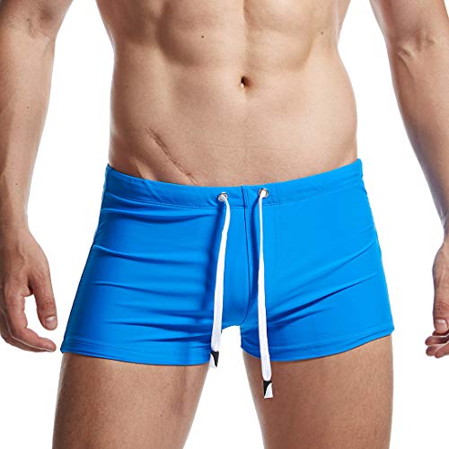 AIMPACT Mens Nylon Swimwear Swimsuits Briefs Square Cut Swimming Shorts with Drawstring, Padding Inside(AM8161SkyBlueL)