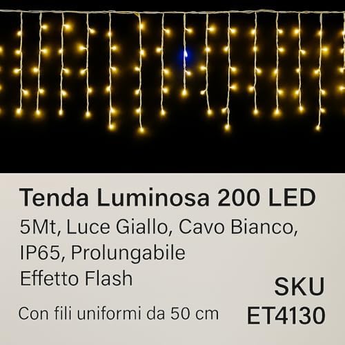 Elektronova Zasłona świetlna, 200 diod LED, 5 m, żółte światło, biały kabel, IP65, przedłużana, efekt błysku, z jednolitymi przewodami 50 cm, wieniec bożonarodzeniowy, sklepy, balkon bożonarodzeniowy