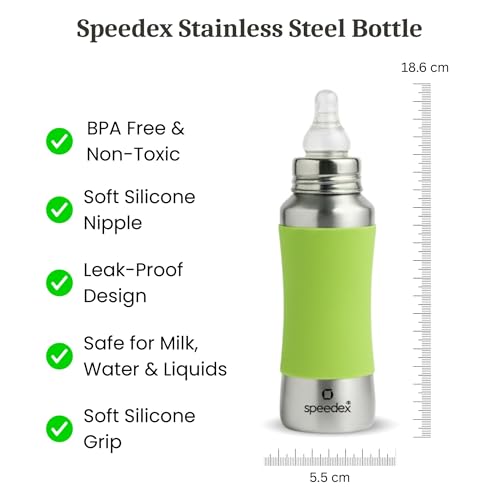 Image of SPEEDEX Stainless Steel Baby Feeding Bottle 240 ml with Green Silicone Grip & Internal ML Marking | BPA & Plastic Free | Anti-Colic Silicone Nipple | 304 Grade Steel Infant Milk Bottle | Leak Resistant (240ml)