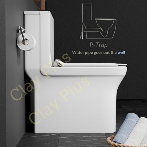 Image of Clay Plus Premium P-Trap Rimless Ceramic Western Toilet for Bathroom, Hotel, Hospital, Lavoratory, One-Piece Floor Mounted Water Closet with Soft Close Seat Cover for Home & Bathroom