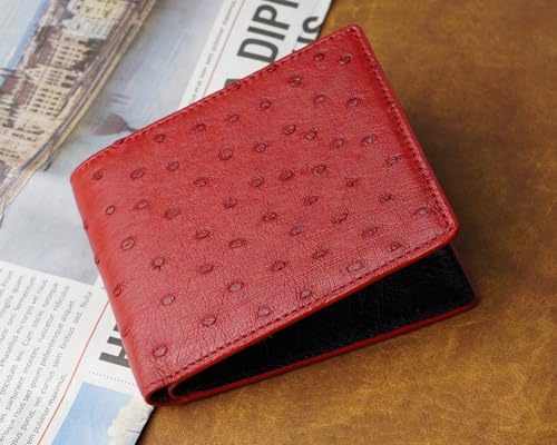 Image of HATA Red Black Ostrich Leather Bifold Wallet for Men, Double-Sided Ostrich Billfold with RFID Blocking, Handmade Leather Wallet Gift for Birthday, Anniversary, Father's Day VINAMOS-71