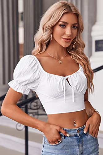 Womens Puff Short Sleeve Crop Tops Square Neck Ruched Front Bow Tie Shirts Cute Summer Vocation Beach Blouse2