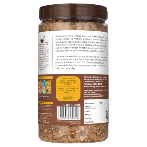 Image of Gaia Crunchy Millet Muesli | Chocolate & Cranberry | Source of Protein | High in Dietary Fibre | Zero Trans-Fat | Zero Cholesterol | For Weight Loss 1kg