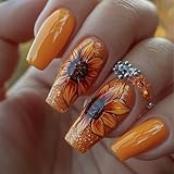 Medium Coffin Press on Nails Glitter Yellow Fake Nails Flower False Nails with Sunflower Designs Glossy Stick On Artificial Nails Autumn Acrylic Nail Accessories Decorations for Women 24 PCS