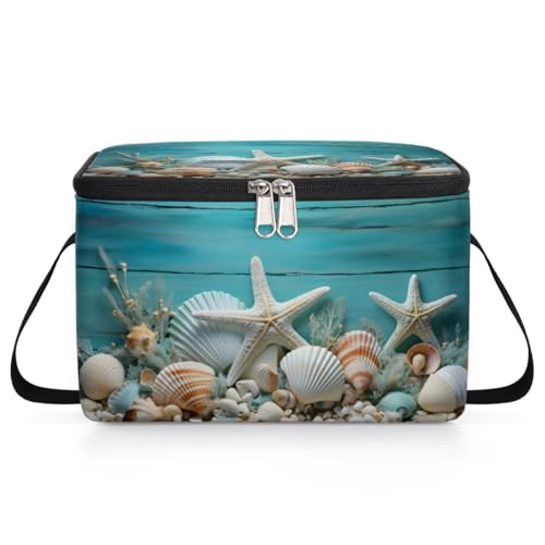 GzLeyigou Starfish Seashell Beach Lunch Bags for Women Men 9 Cans, Hot & Cold Food Delivery Bag Insulated Grocery Bag Insulated Lunch Box Blue Wooden Cooler Bag for Office Work Picnic Beach