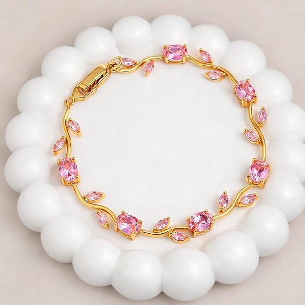 Image of Golden Baby Pink Tulip Bracelet for Women Stylish | Anti Tarnish Jewellery for Women, Hand Wristlet for Girls | Aesthetic Accessories for Girls, Valentine's Gift for Girlfriend