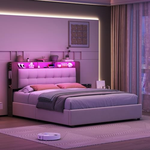 PerGar Bett 140x200, Doppelbett Polsterbett Funktionsbett mit LED-Beleuchtung und Kabelloses Laden, Kopfteil mit Stauraum, Bettgestell Stauraumbett mit Lattenrost, Samt, Ohne Matratze, Cremefarben – Bild 7