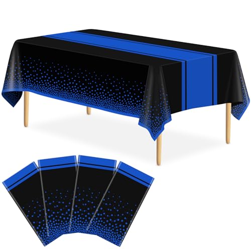 Image of 4 Pack Black and Blue Tablecloth Party Decorations Plastic Black Tablecloth Printed Blue Table Runner 54 x108 Inch Disposable Rectangle Table Cover for Birthday Wedding Graduation Anniversary