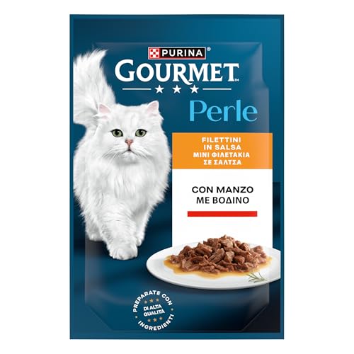 GOURMET Perle Filettini, Cibo Umido per Gatti Adulti, 26 Bustine da 85g | Filettini in Salsa con Manzo