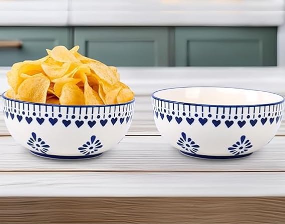 Image of Niyara Stoneware Handmade Ceramic Stylish Premium Serving Bowls /Salad Tray Microwave Dishwasher Safe (Blue Floral Print Bowl Set of 2, with Gift Box & Candle)