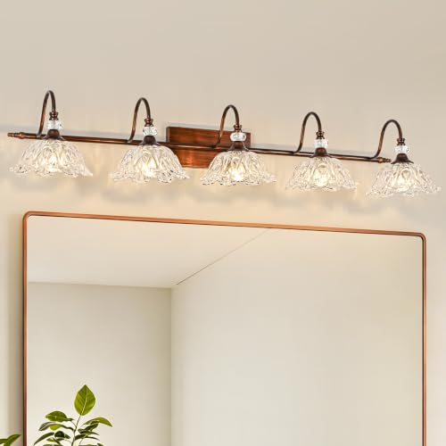Image of 5-Light Antique Red Bronze Finish Bathroom Vanity Light, Vintage Vanity Light with Floral Clear Glass Shades, Retro Wall Mount Lighting for Bathroom, Dressing Table