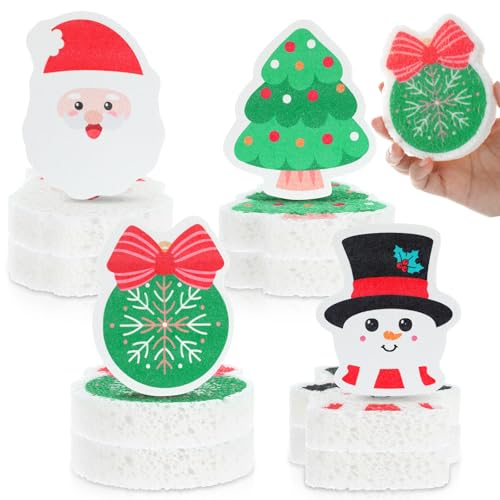 Image of Layhit 12 Pcs Christmas Dish Sponges Cute Kitchen Non Scratch Scrub Sink Sponges Wood Pulp Reusable Household Cleaning Cloth for Kitchen Dishes Furniture (Christmas Theme)