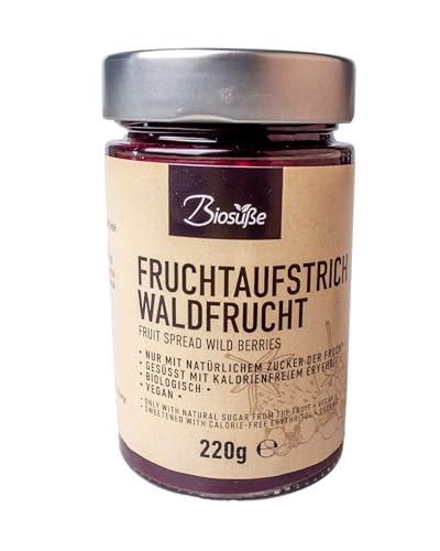 Biosüße Bio-Fruchtaufstrich Waldfrucht 220g - ohne Zuckerzusatz mit Bio-Erythrit gesüßt, 60% Frucht, ohne Xylit, Stevia oder chemischen Süßstoff, vegan, biologisch
