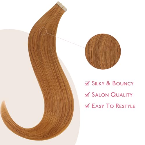 Image of WENNALIFE Tape in Hair Extensions Human Hair Auburn Ginger Tape in Extensions, 10pcs 25g 14 inch Remy Invisible Tape Ins Straight Colored Soft Real Human Hair Tape in Extensions Refill Set Extensions