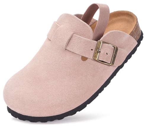 ZUSERIS Kids Suede Clogs Toddler Clogs Boys Girls Cork Footbed Sandals Potato Shoes Leather Slip On Mules with Adjustable Buckle, Pink, 10-10.5 Little Kid
