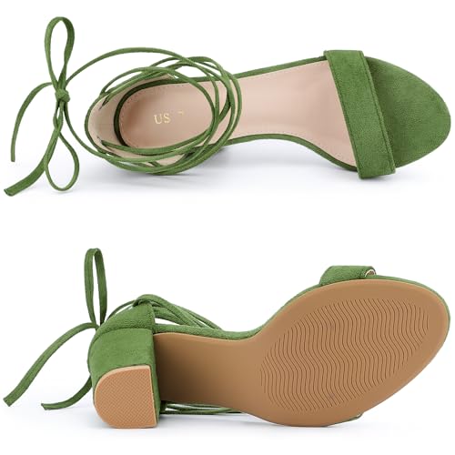 Allegra K Allegra K Women's Tie Up Strappy Heels Chunky High Heels Olive Green Sandal 8 M US