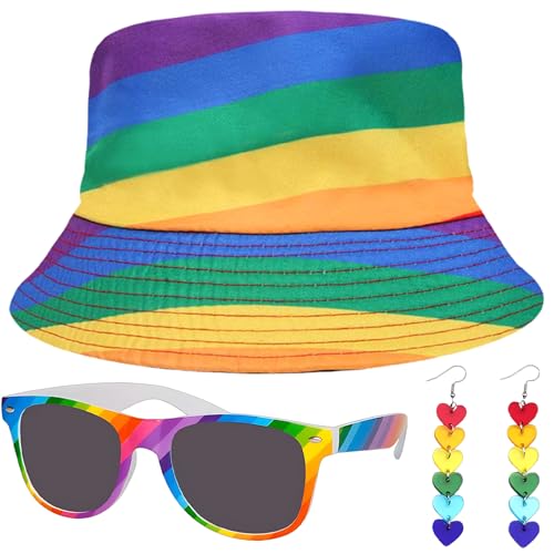 Pride Outfit Damen Zubehör, Fischerhut*1 Regenbogen Sonnenbrillen*1 Regenbogen Pride Ohrring*1, Für Damen, Pride Accessoires, Lgbtq Accessoires, Ideal Für Stolz-Festival, Veranstaltungen