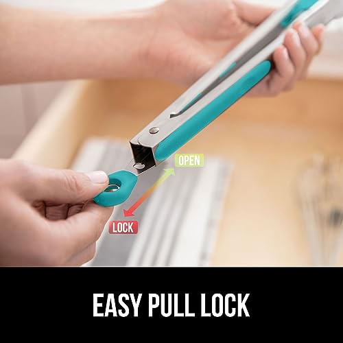 Image of GORILLA GRIP Stainless Steel BPA-Free Kitchen Tongs for Cooking, Heat Resistant BBQ Tong Set of 2, Non Scratch Silicone Tip for Pan, Strong Grip, Grab Food, Toss Salad, Pull Lock, 7+9 Inch, Turquoise