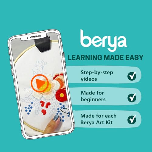 Image of BERYA Embroidery Kit for Beginners, Flowers and Leaves Embroidery Practice Kit, Hand Floral Embroidery Starter Kit for Adults with Video Step by Step Instructions, Hoops, Threads and Needles (BEF014)