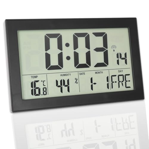 Digitale Funk-Wanduhr mit Auto-Zeiteinstellung für Sommer-/Winterzeit | Anzeige von Temperatur, Luftfeuchtigkeit, Datum, Wochentag | Hintergrundbeleuchtet, Batteriebetrieben | Schwarz, 20,1 x 12,4cm