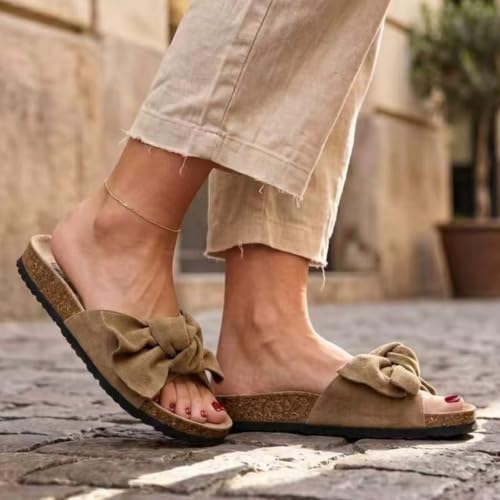 Image of PepStep Slide Sandals for Women or Ladies Dressy Summer Casual, Cute Bow Tie Knot On Top Strap, Comfy Slip On Cork Foot Bed