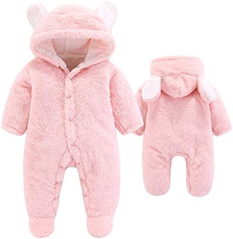 VNVNE Newborn Baby Cartoon Bear Snowsuit Warm Fleece Hooded Romper Jumpsuit (Pink,0-3 Month)