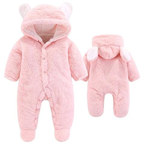 VNVNE Newborn Baby Cartoon Bear Snowsuit Warm Fleece Hooded Romper Jumpsuit (Pink,0-3 Month) Cover