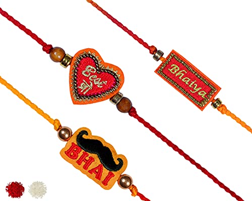 Image of MASQ by Q-One Designer Rakhi Combo Set with Roli Chawal & Moli for Men (Pack of 3) | Embroidered Handcrafted Raksha Bandhan Bracelet for Brother