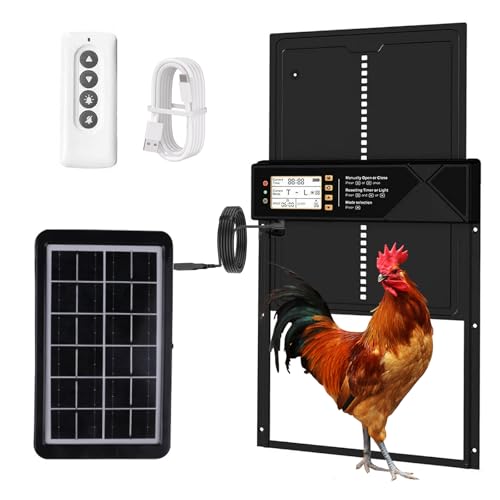 TFMODBFA Automatic Chicken Coop Door Solar Powered & USB Charging, Solar Chicken Coop Door 4 Modes with Timer&Light Sensor, Remote, LED Screen, Aluminum Alloy Waterproof
