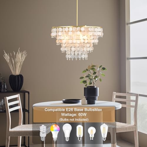 PUUPA Natural Capiz Shell Chandelier, Coastal Modern Chandelier, Hanging Round Layered Pendant Lighting(4 Light, Gold) - Image 6